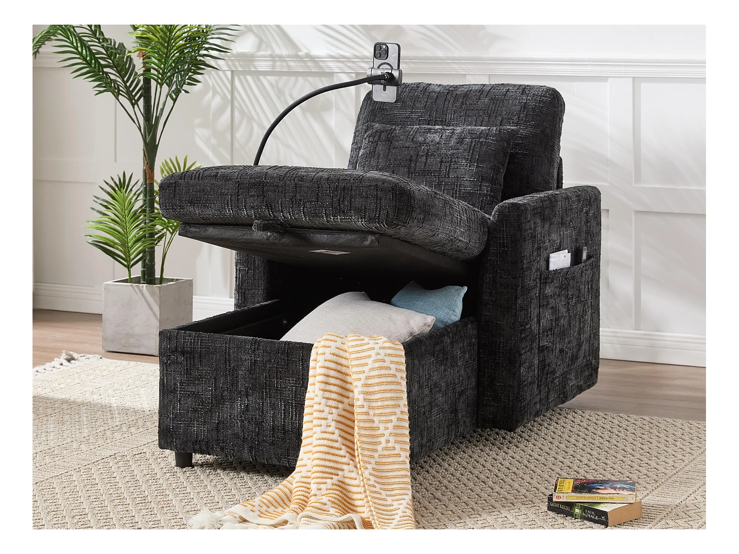 Canapé convertible noir en tissu chenille - avec support pour téléphone et rangement intégré - Idéal pour salon, bureau ou chambre