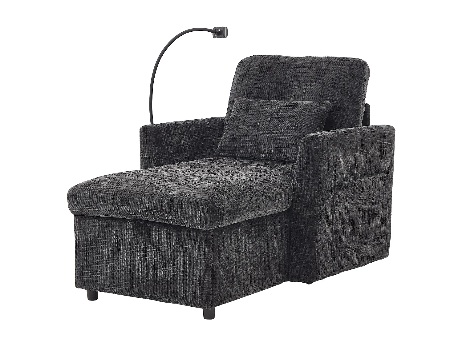 Canapé fixe - Chaise longue noire en tissu chenille - avec support pour téléphone et rangement intégré - Idéal pour salon, bureau ou chambre