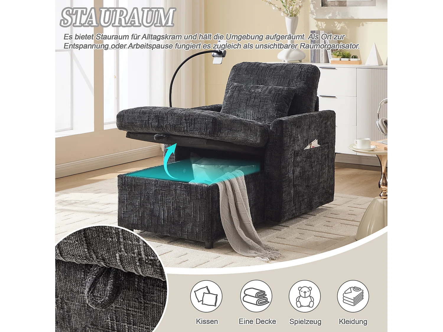 Canapé fixe - Chaise longue noire en tissu chenille - avec support pour téléphone et rangement intégré - Idéal pour salon, bureau ou chambre