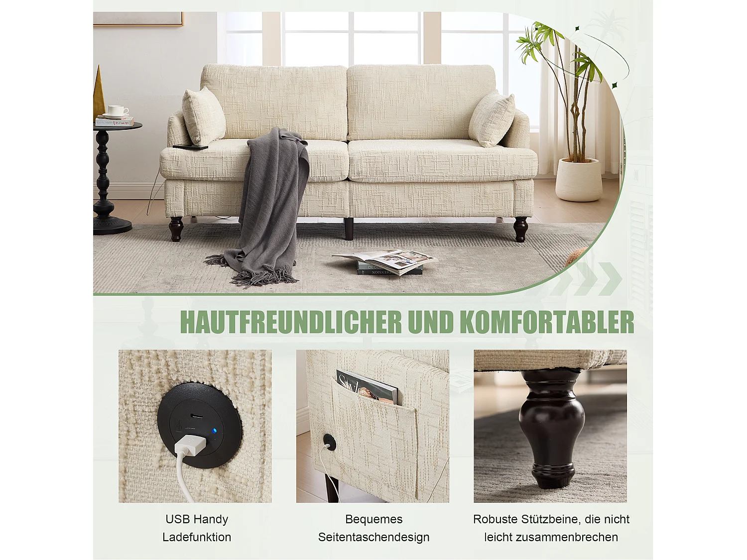 Canapé 2 places en chenille - avec LED, ports USB - double assise et dossier haut - Idéal pour salon ou petit bureau