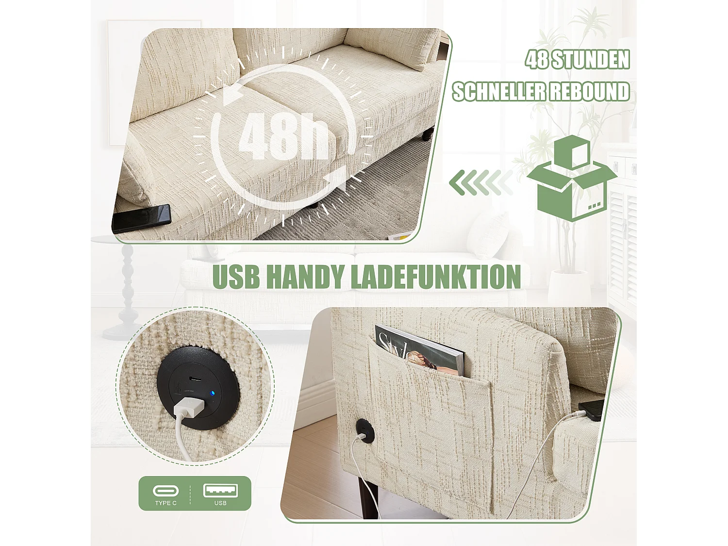 Canapé 2 places en chenille - avec LED, ports USB - double assise et dossier haut - Idéal pour salon ou petit bureau