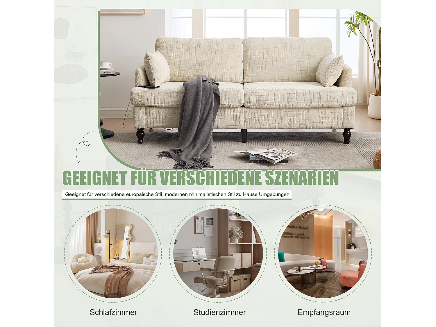 Canapé 2 places en chenille - avec LED, ports USB - double assise et dossier haut - Idéal pour salon ou petit bureau