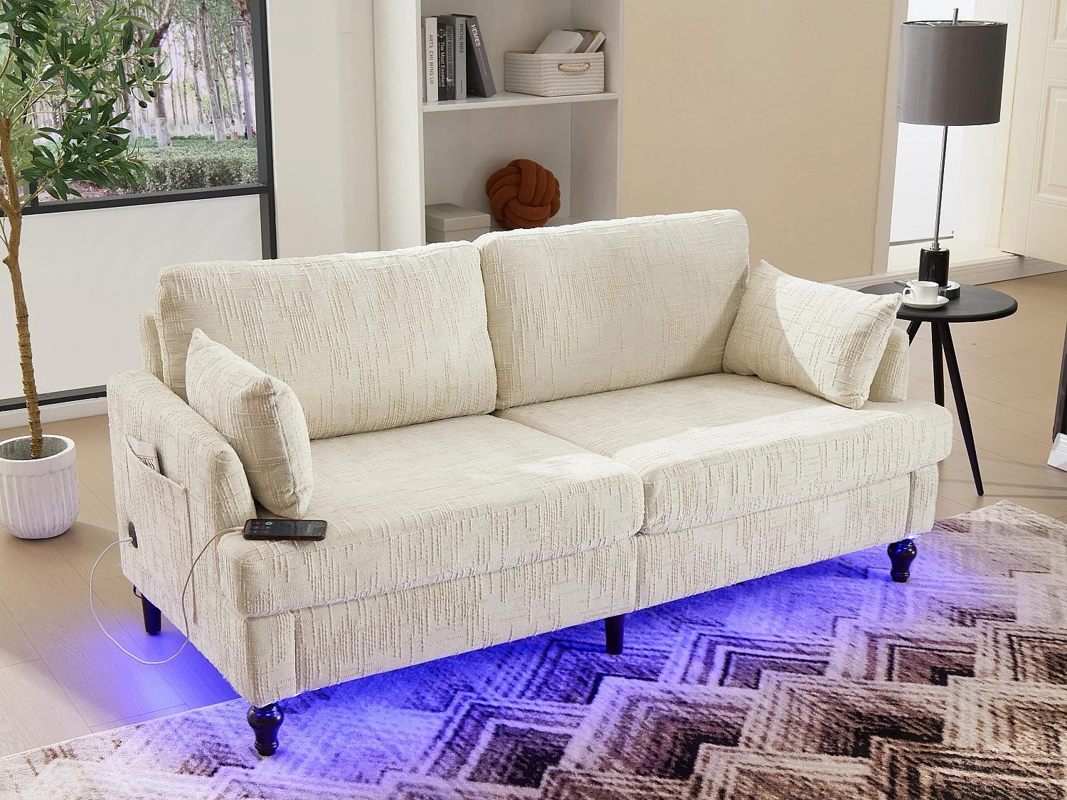Canapé 2 places en chenille - avec LED, ports USB - double assise et dossier haut - Idéal pour salon ou petit bureau