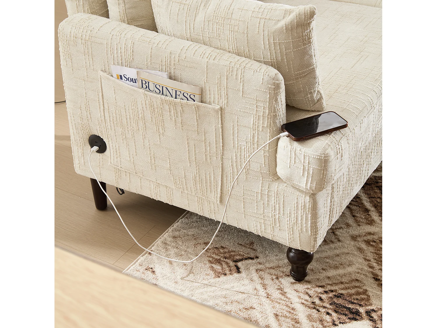 Canapé 2 places en chenille - avec LED, ports USB - double assise et dossier haut - Idéal pour salon ou petit bureau