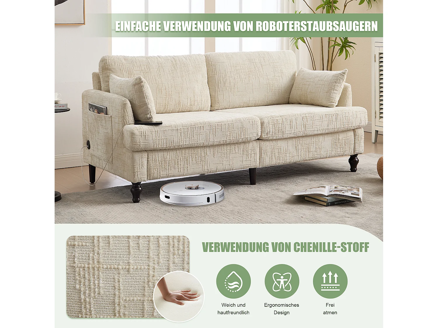 2-zits chenillebank - met LED's, USB-poorten - dubbele zitting en hoge rugleuning - Ideaal voor woonkamer of klein kantoor