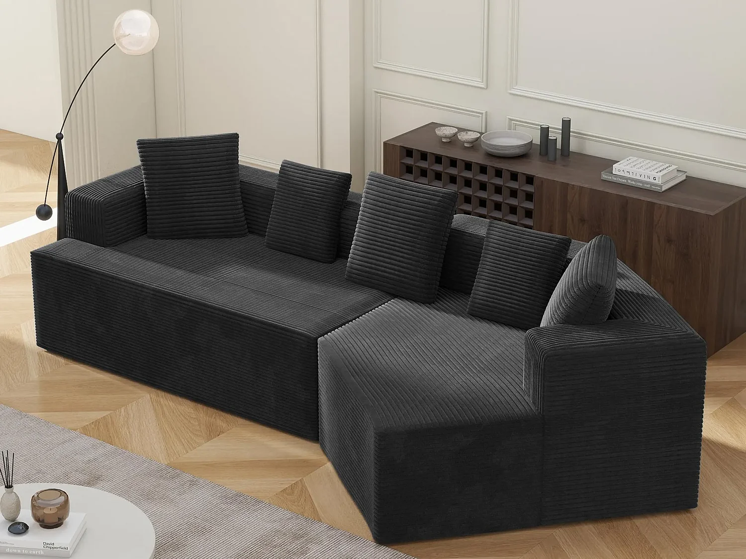 Canapé d'angle 3 places - Canapé convertible en velours côtelé noir - idéal pour salon ou salle de lecture