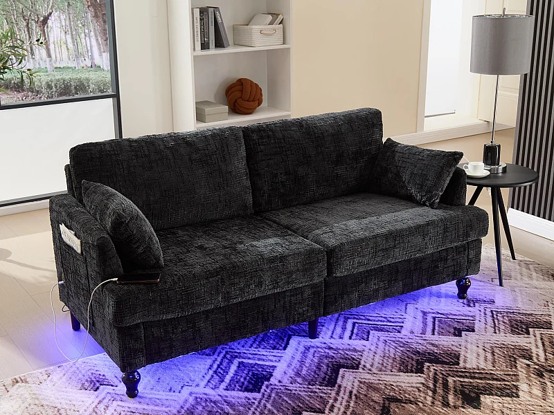 2-zits chenillebank - met LED's, USB-poorten - dubbele zitting en hoge rugleuning - Ideaal voor woonkamer of klein kantoor