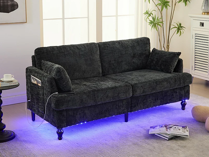 Canapé 2 places en chenille - avec LED, ports USB - double assise et dossier haut - Idéal pour salon ou petit bureau