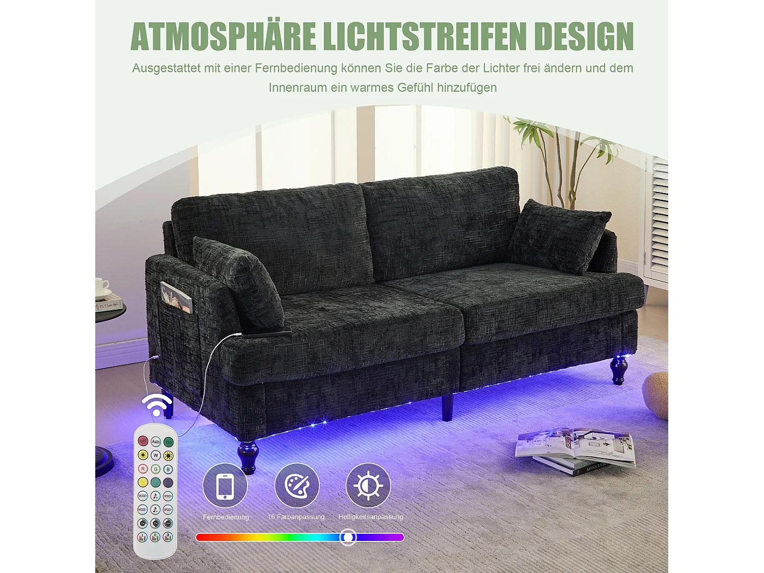 Canapé 2 places en chenille - avec LED, ports USB - double assise et dossier haut - Idéal pour salon ou petit bureau