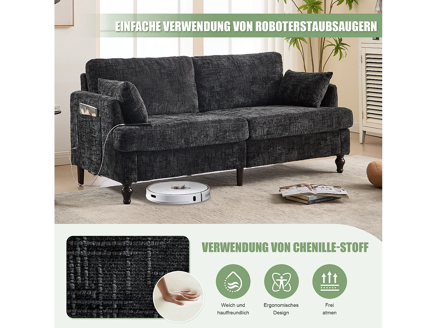 Canapé 2 places en chenille - avec LED, ports USB - double assise et dossier haut - Idéal pour salon ou petit bureau