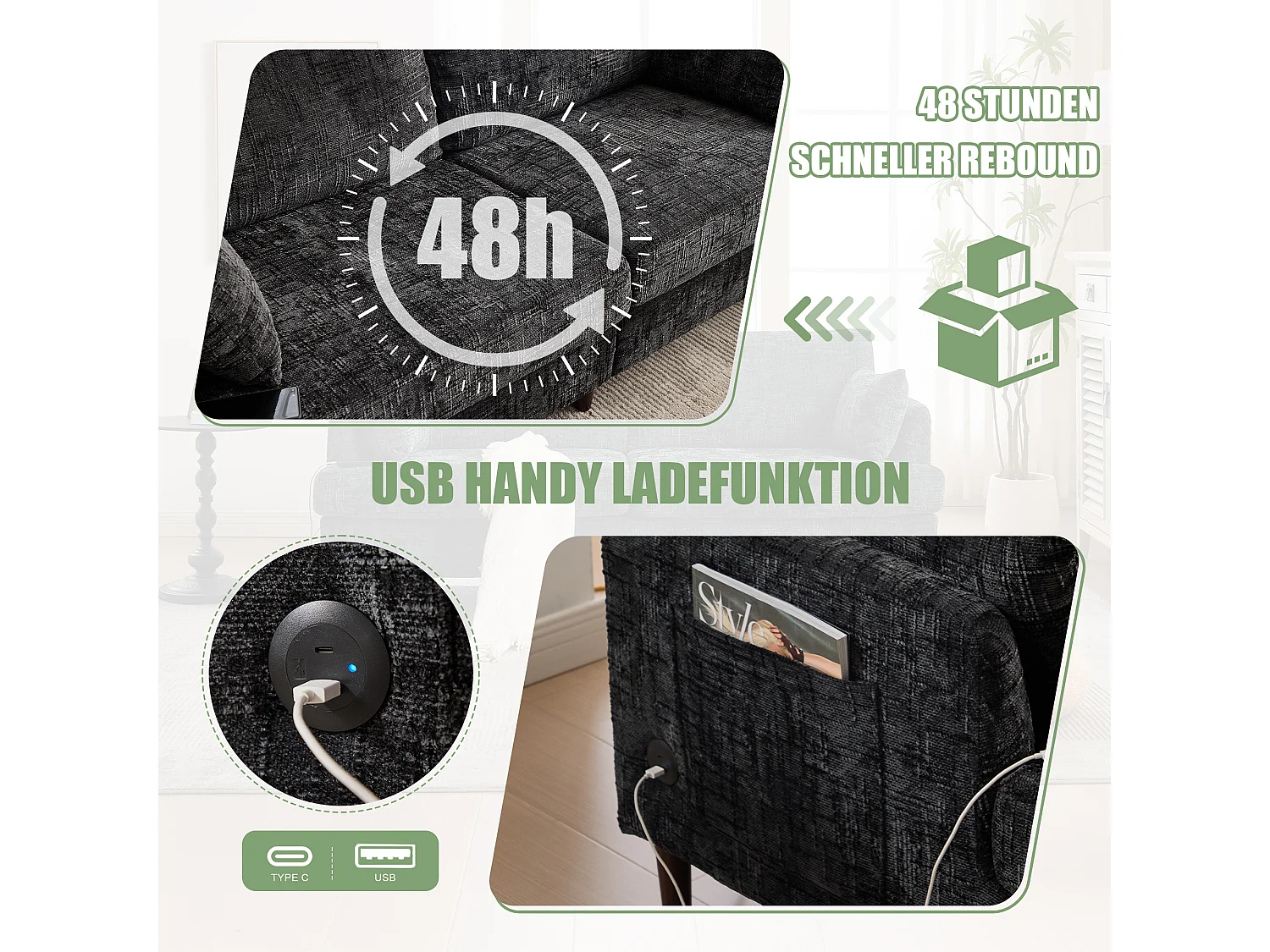 Canapé 2 places en chenille - avec LED, ports USB - double assise et dossier haut - Idéal pour salon ou petit bureau