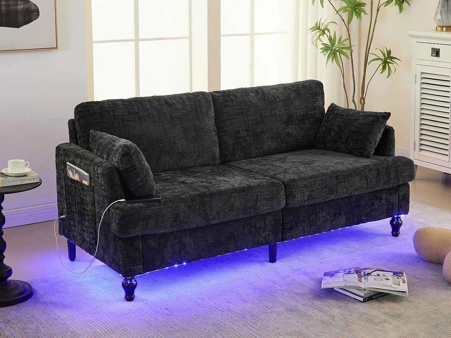 Canapé 2 places en chenille - avec LED, ports USB - double assise et dossier haut - Idéal pour salon ou petit bureau