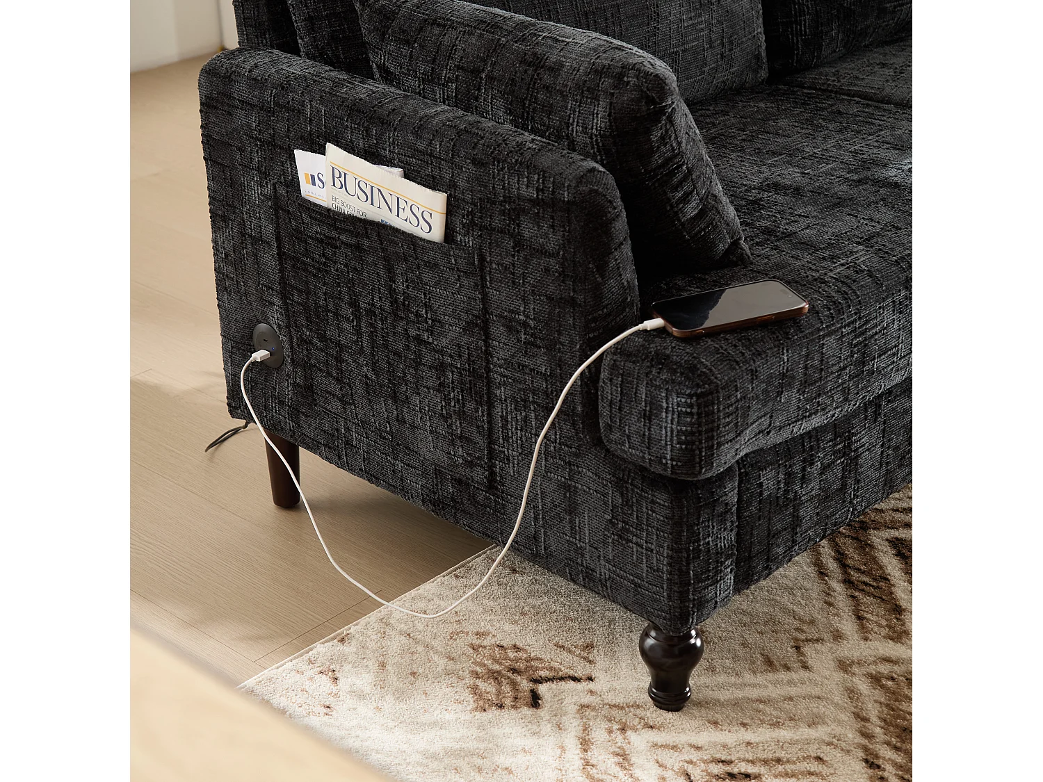 Canapé 2 places en chenille - avec LED, ports USB - double assise et dossier haut - Idéal pour salon ou petit bureau