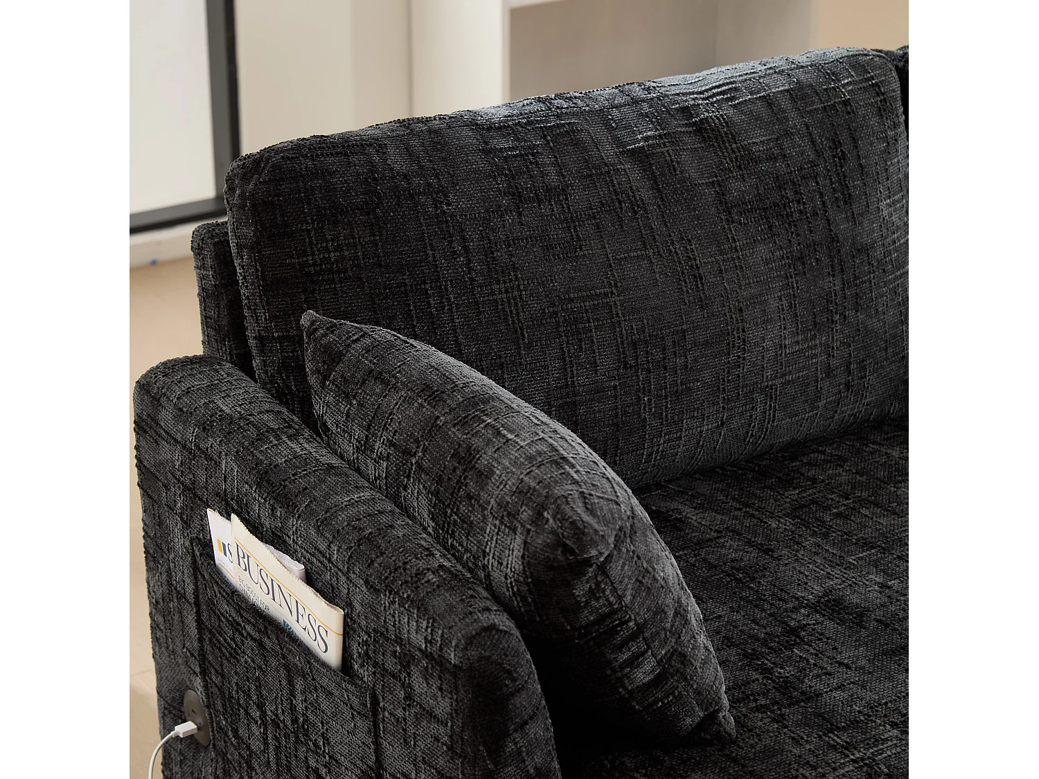 Canapé 2 places en chenille - avec LED, ports USB - double assise et dossier haut - Idéal pour salon ou petit bureau