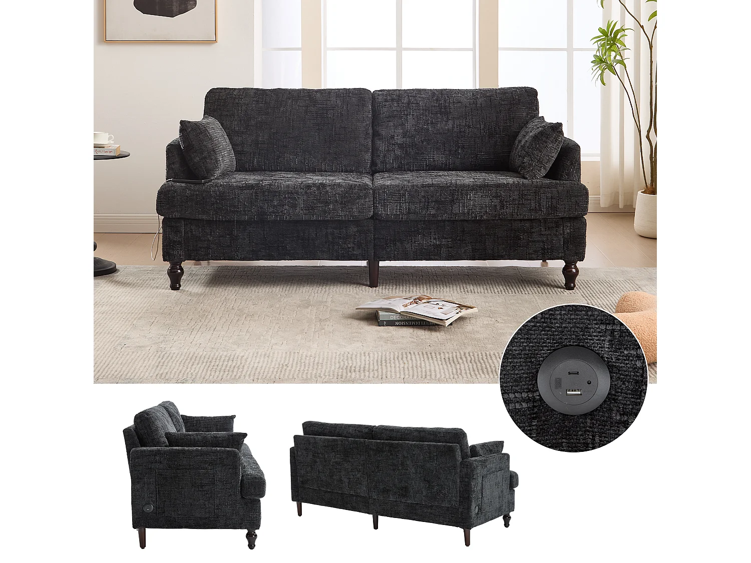 Canapé 2 places en chenille - avec LED, ports USB - double assise et dossier haut - Idéal pour salon ou petit bureau