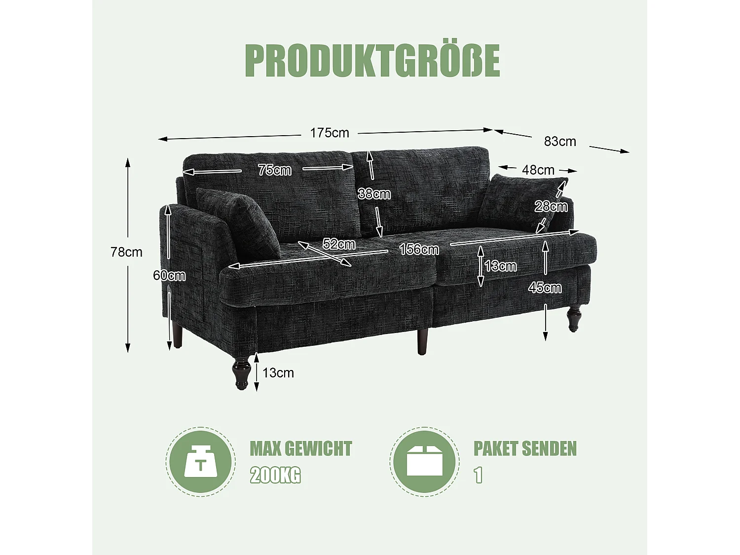 Canapé 2 places en chenille - avec LED, ports USB - double assise et dossier haut - Idéal pour salon ou petit bureau