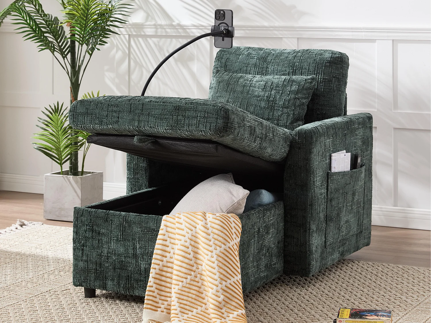 Canapé convertible noir en tissu chenille - avec support pour téléphone et rangement intégré - Idéal pour salon, bureau ou chambre