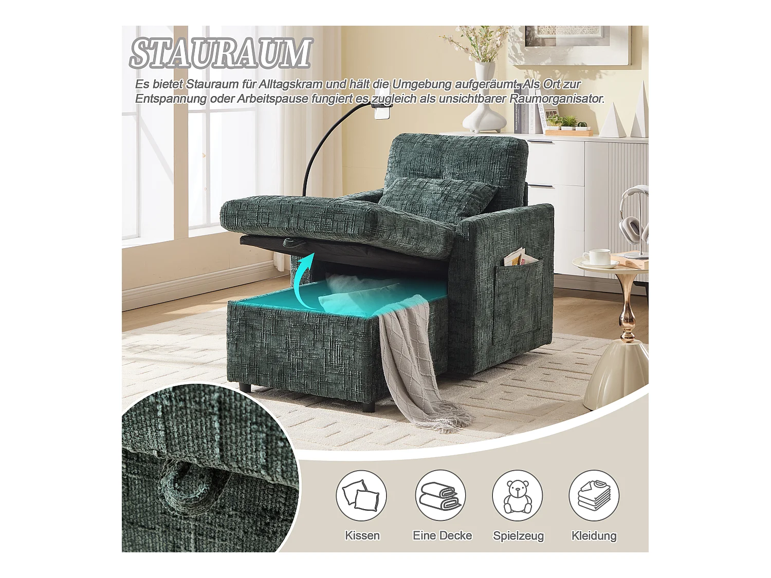 Canapé convertible noir en tissu chenille - avec support pour téléphone et rangement intégré - Idéal pour salon, bureau ou chambre