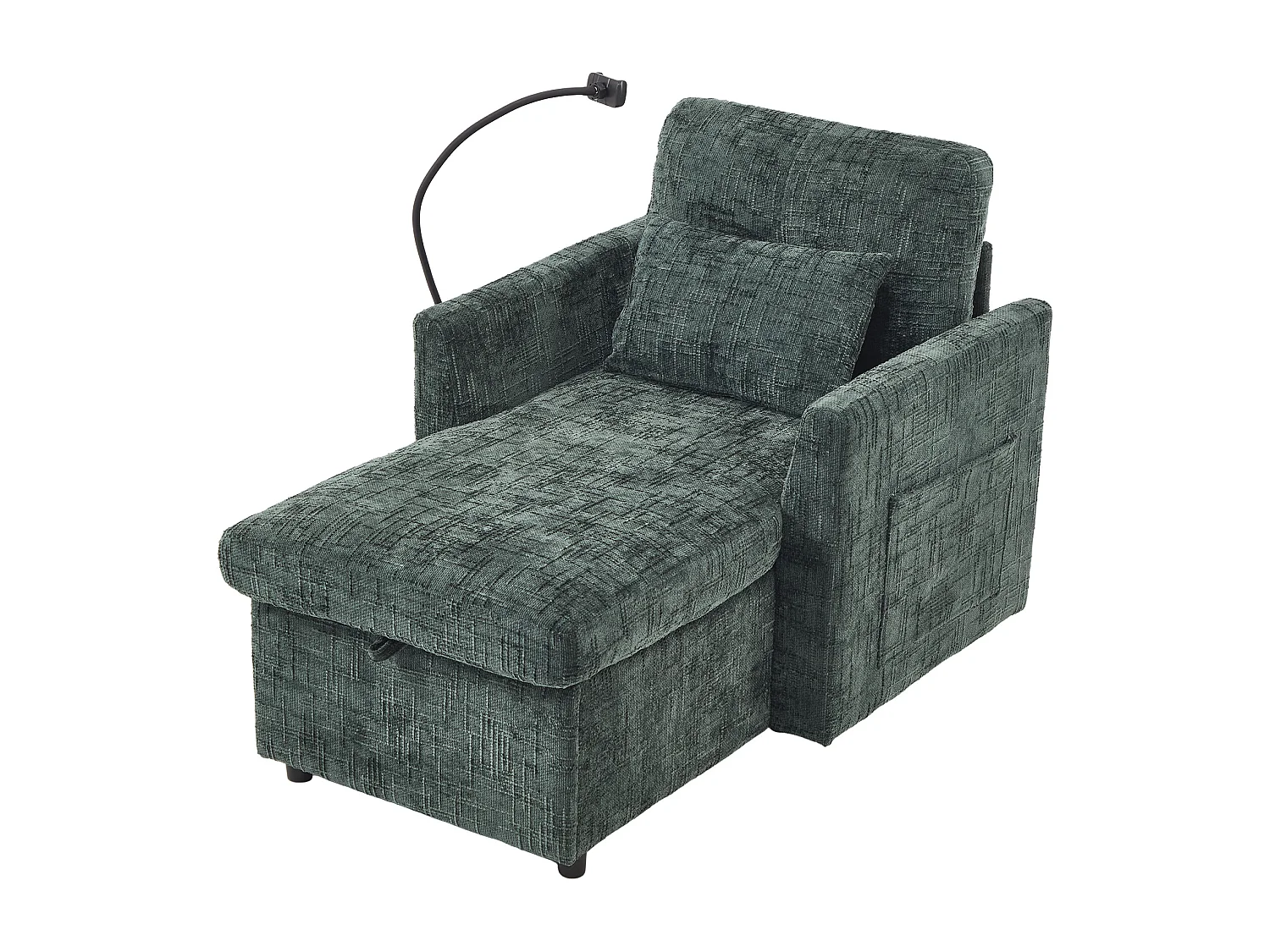 Canapé fixe - Chaiselogue verte en tissu chenille - avec support pour téléphone et rangement intégré - Idéal pour salon, bureau ou chambre