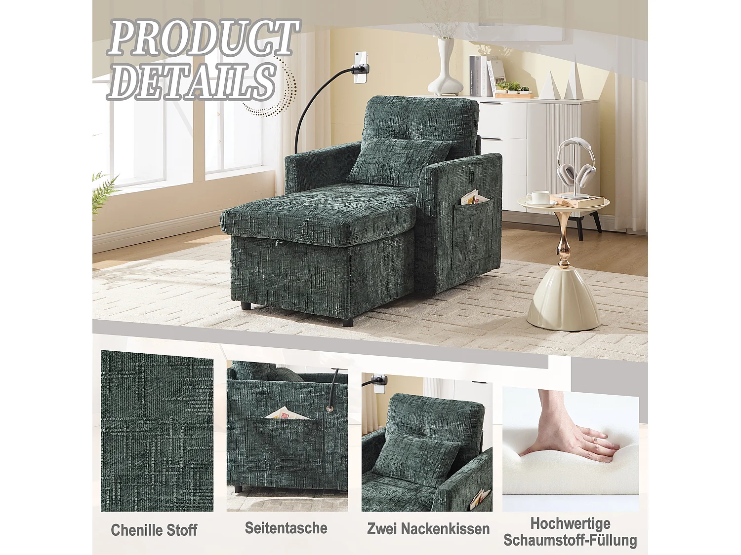 Canapé fixe - Chaiselogue verte en tissu chenille - avec support pour téléphone et rangement intégré - Idéal pour salon, bureau ou chambre