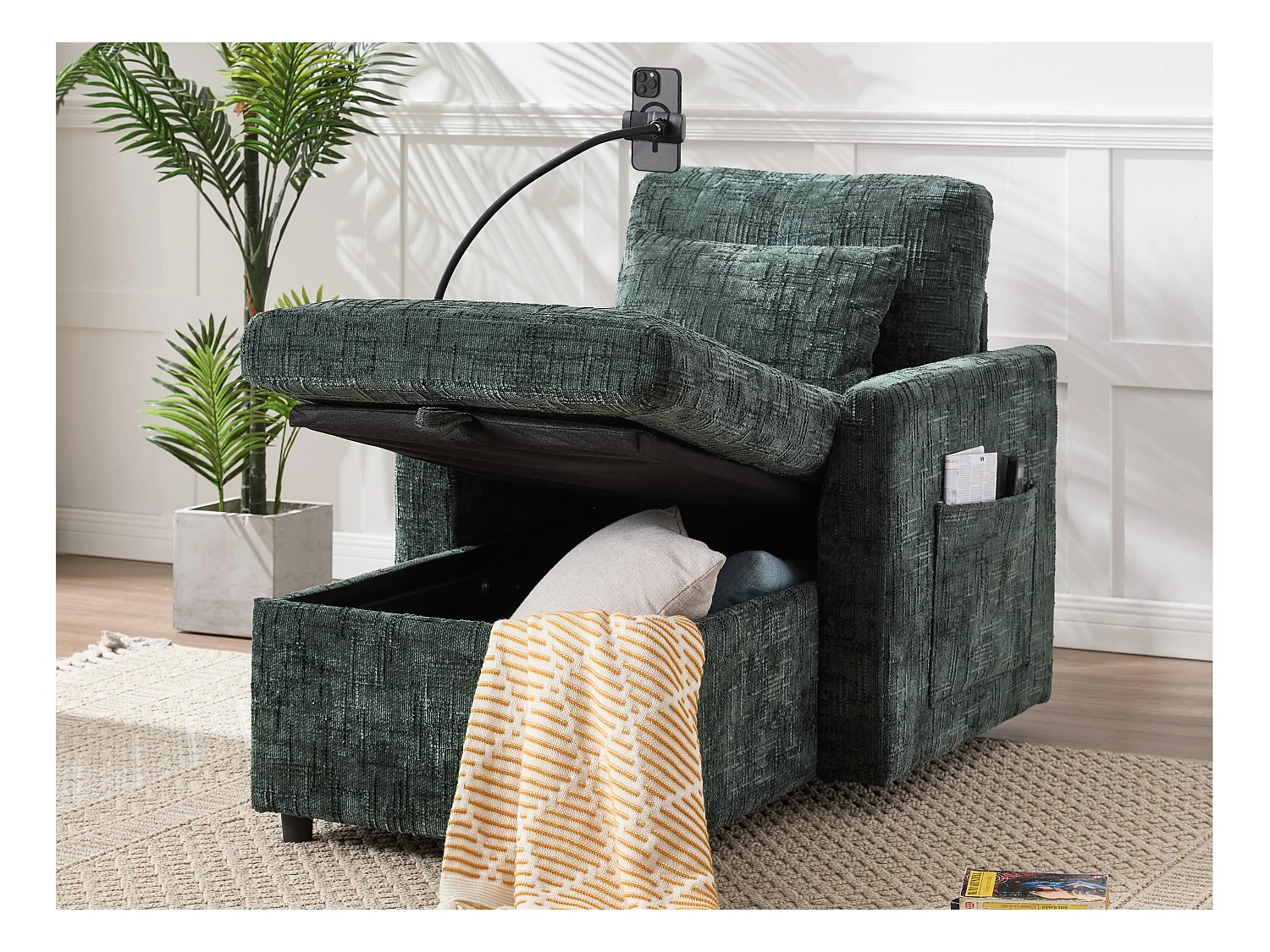 Canapé convertible noir en tissu chenille - avec support pour téléphone et rangement intégré - Idéal pour salon, bureau ou chambre