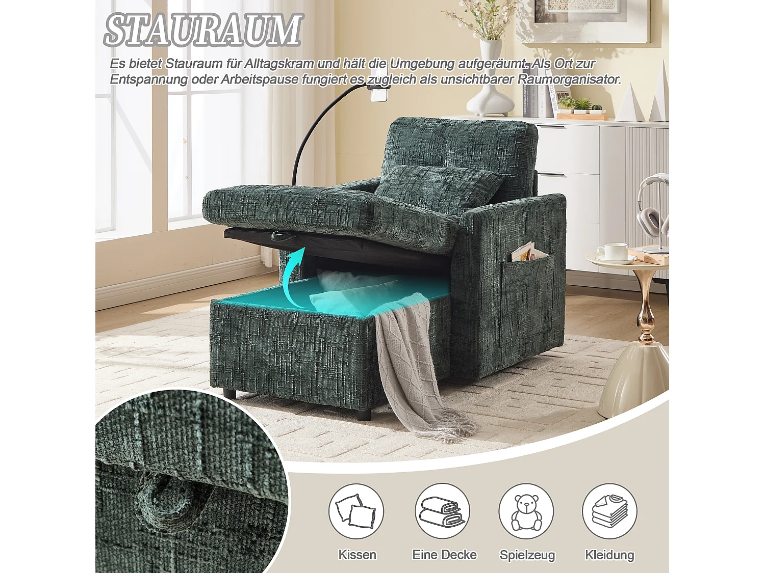 Canapé fixe - Chaiselogue verte en tissu chenille - avec support pour téléphone et rangement intégré - Idéal pour salon, bureau ou chambre
