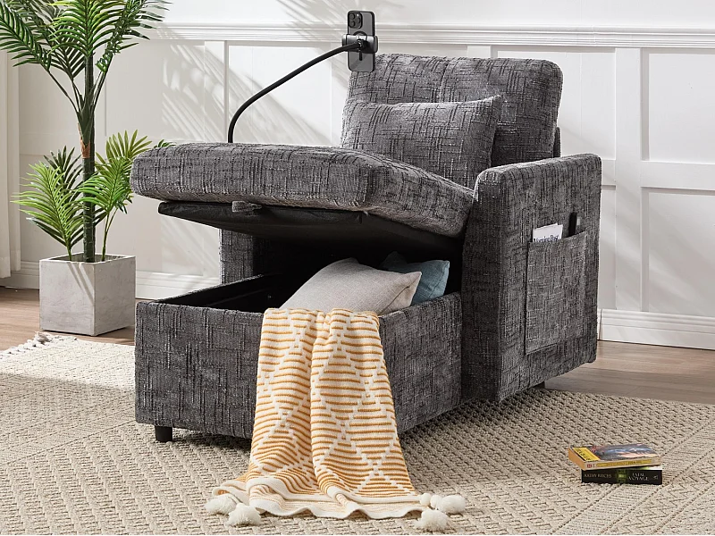 Canapé fixe - Chaiselongue grise en tissu chenille - avec support pour téléphone et rangement intégré - Idéal pour salon, bureau ou chambre