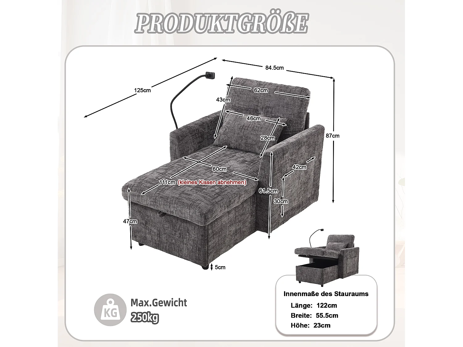 Canapé fixe - Chaiselongue grise en tissu chenille - avec support pour téléphone et rangement intégré - Idéal pour salon, bureau ou chambre