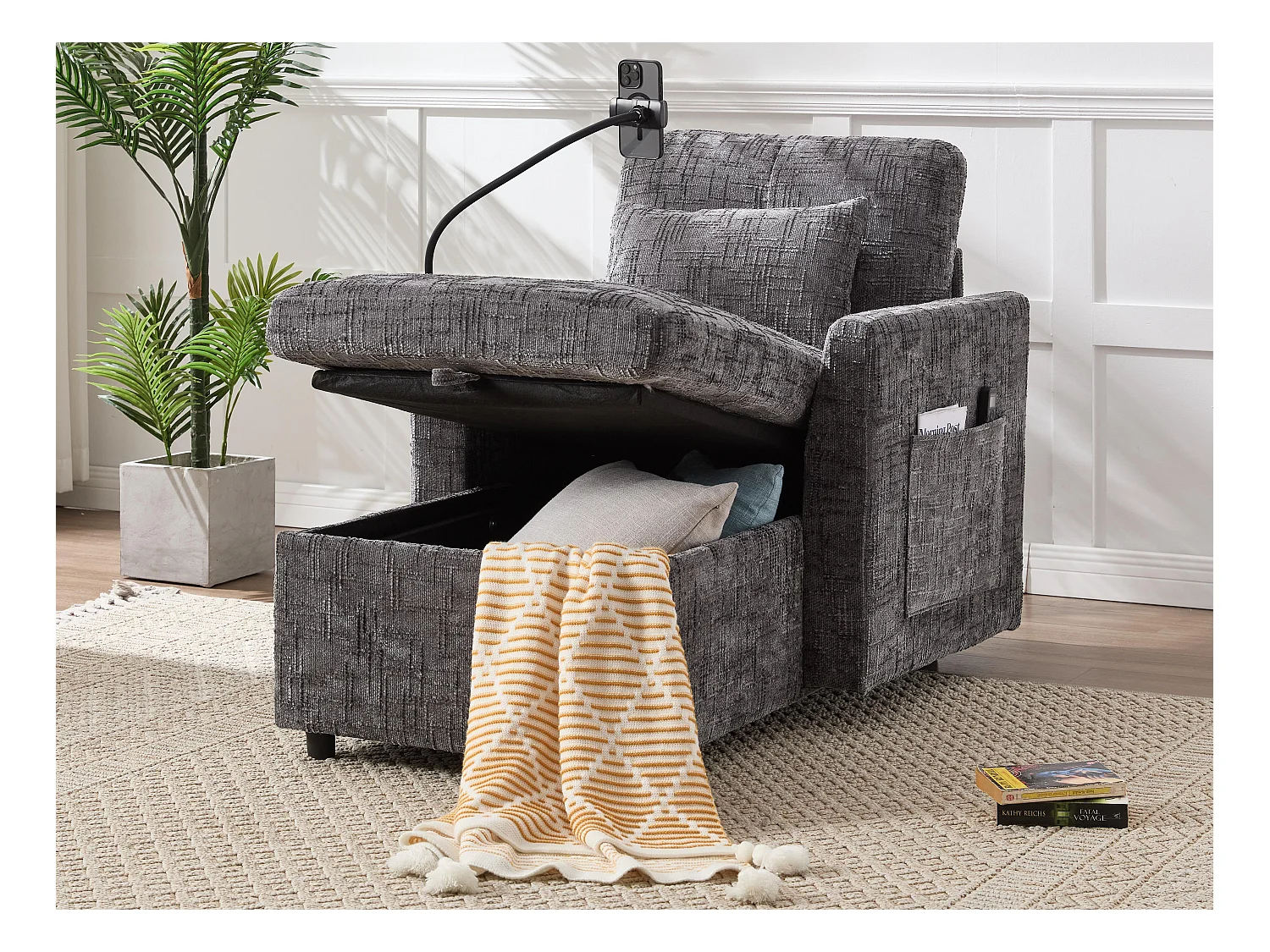 Canapé convertible gris en tissu chenille - avec support pour téléphone et rangement intégré - Idéal pour salon, bureau ou chambre
