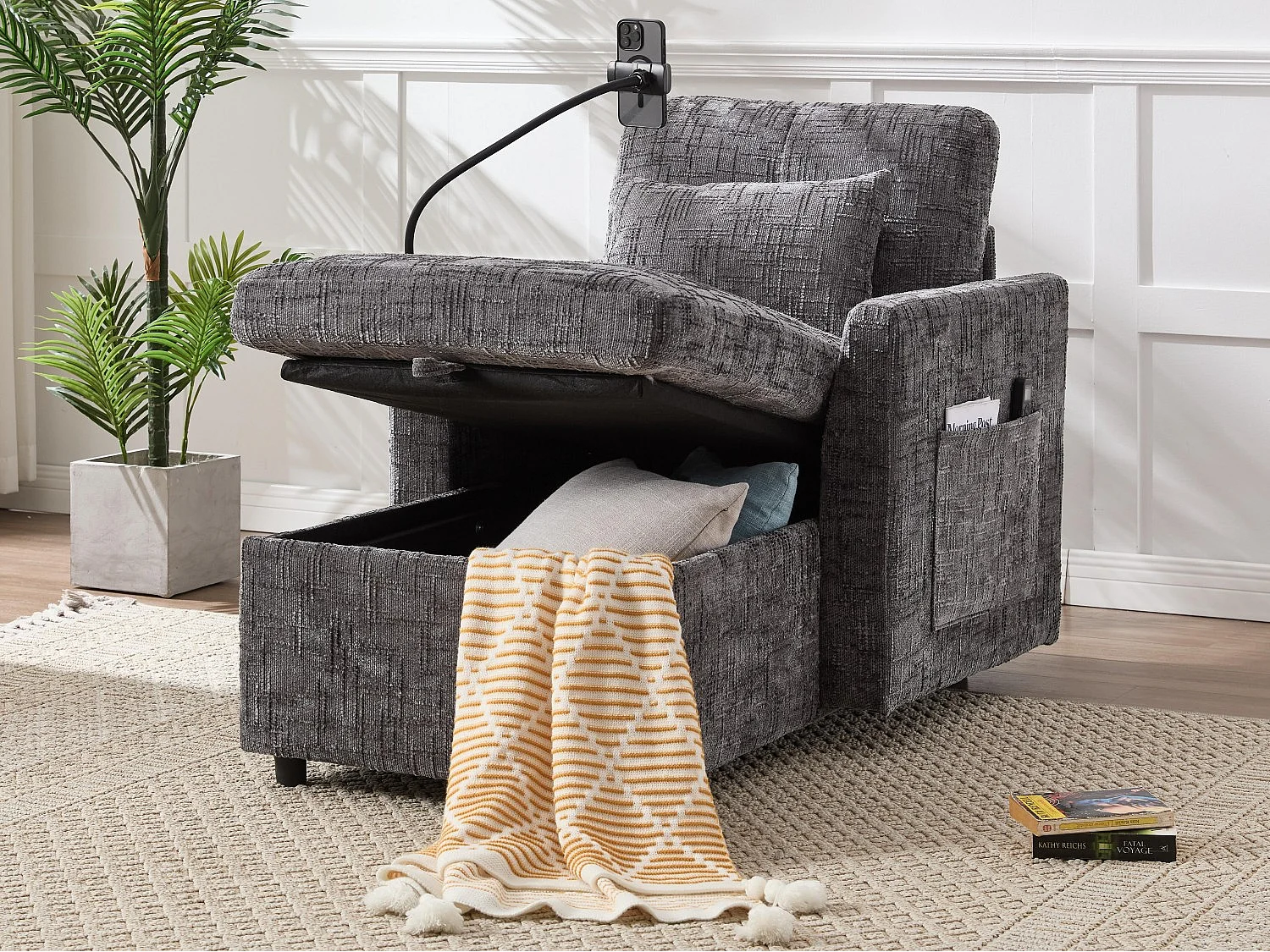 Canapé fixe - Chaiselongue grise en tissu chenille - avec support pour téléphone et rangement intégré - Idéal pour salon, bureau ou chambre