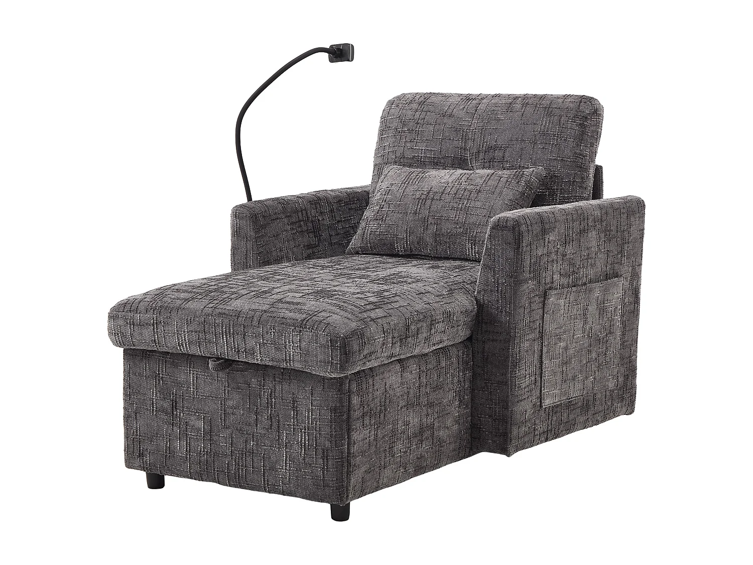 Canapé fixe - Chaiselongue grise en tissu chenille - avec support pour téléphone et rangement intégré - Idéal pour salon, bureau ou chambre