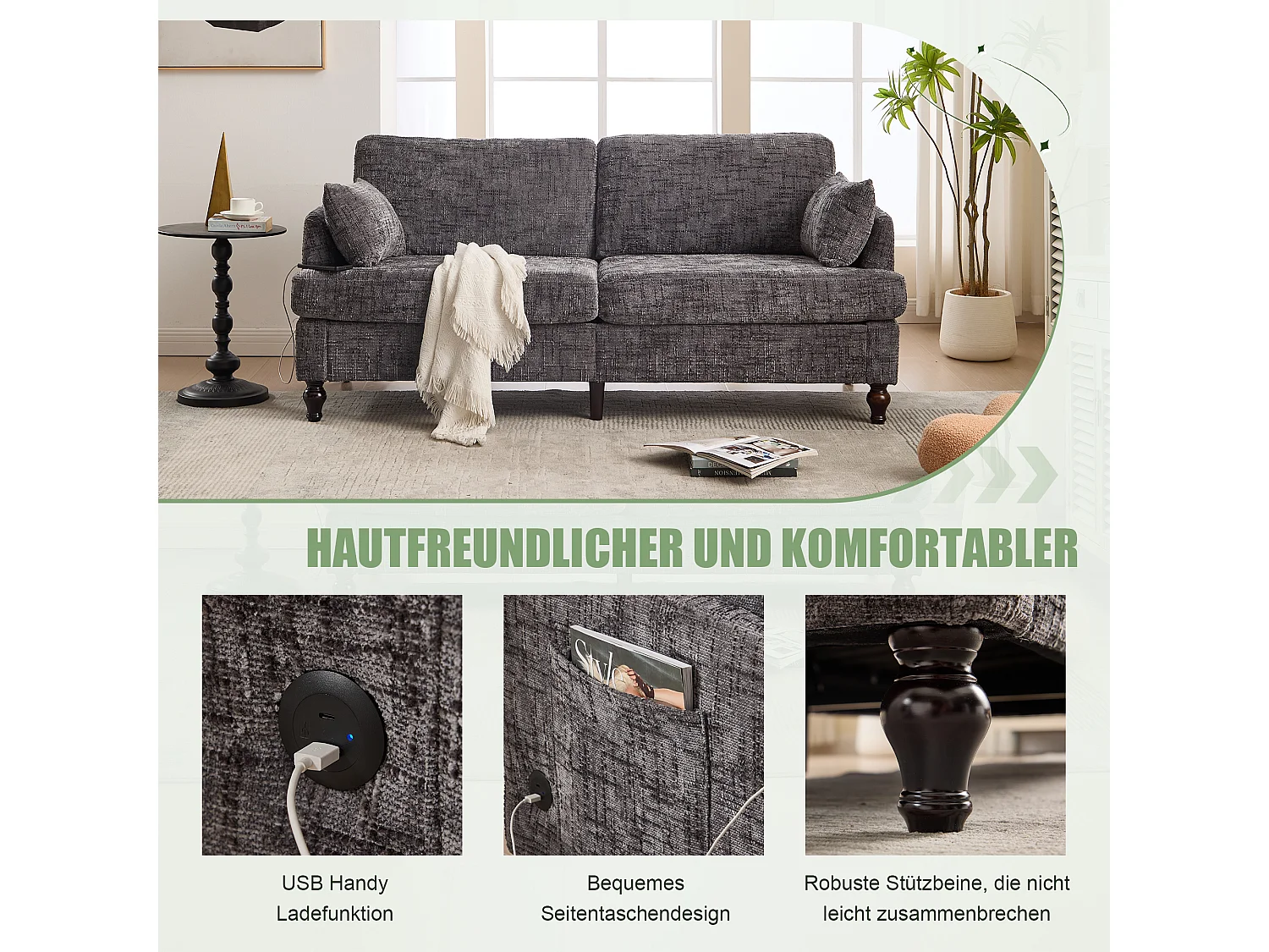 Canapé 2 places en chenille - avec LED, ports USB - double assise et dossier haut - Idéal pour salon ou petit bureau