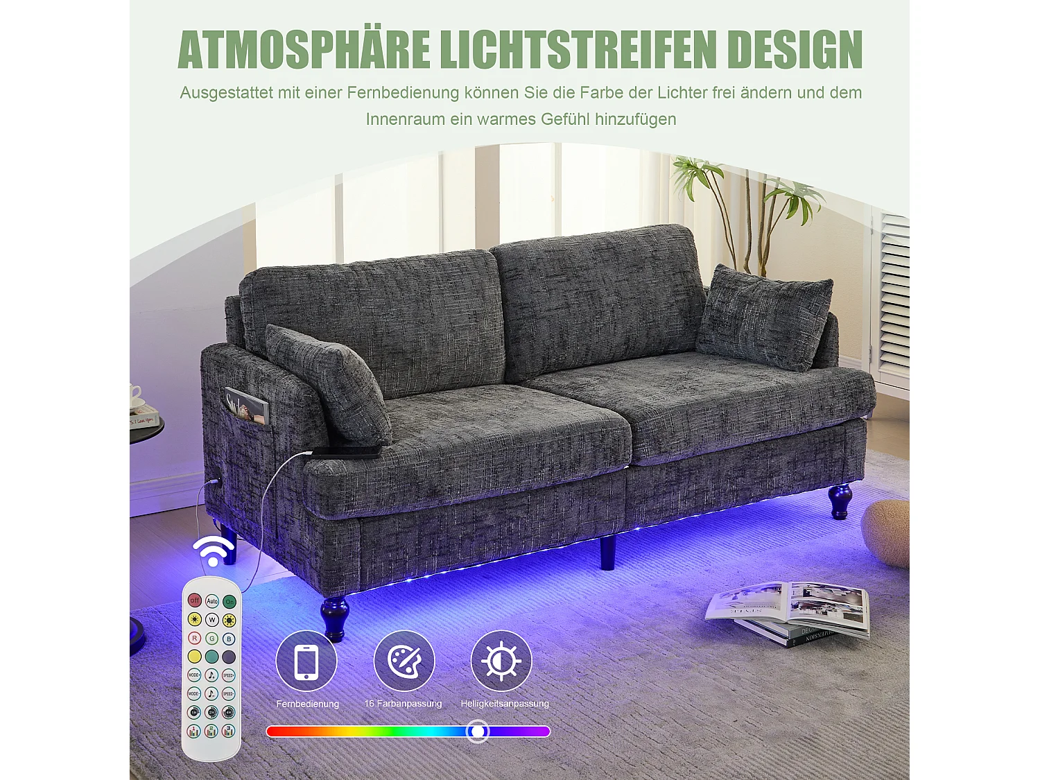 Canapé 2 places en chenille - avec LED, ports USB - double assise et dossier haut - Idéal pour salon ou petit bureau