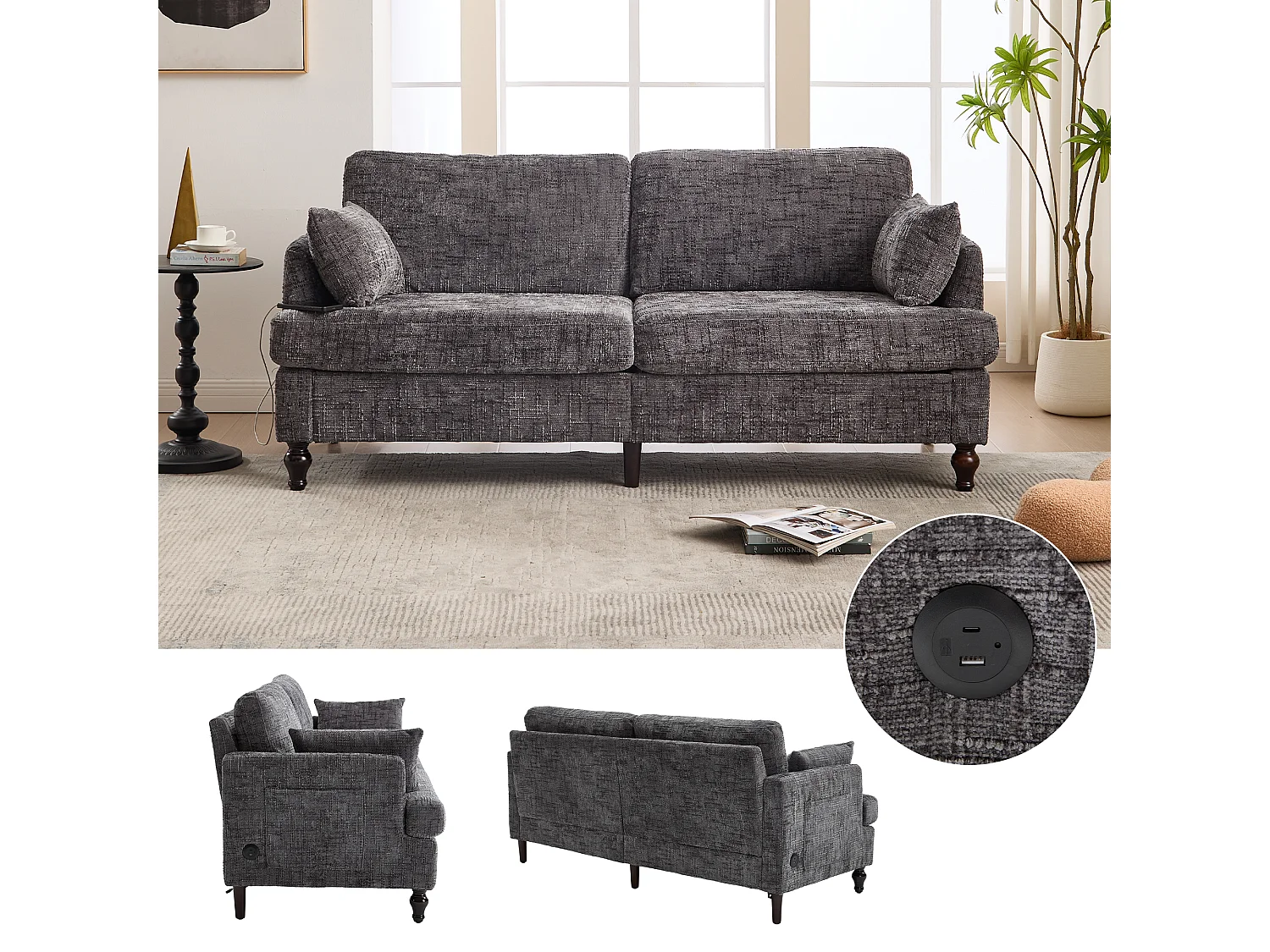 Canapé 2 places en chenille - avec LED, ports USB - double assise et dossier haut - Idéal pour salon ou petit bureau