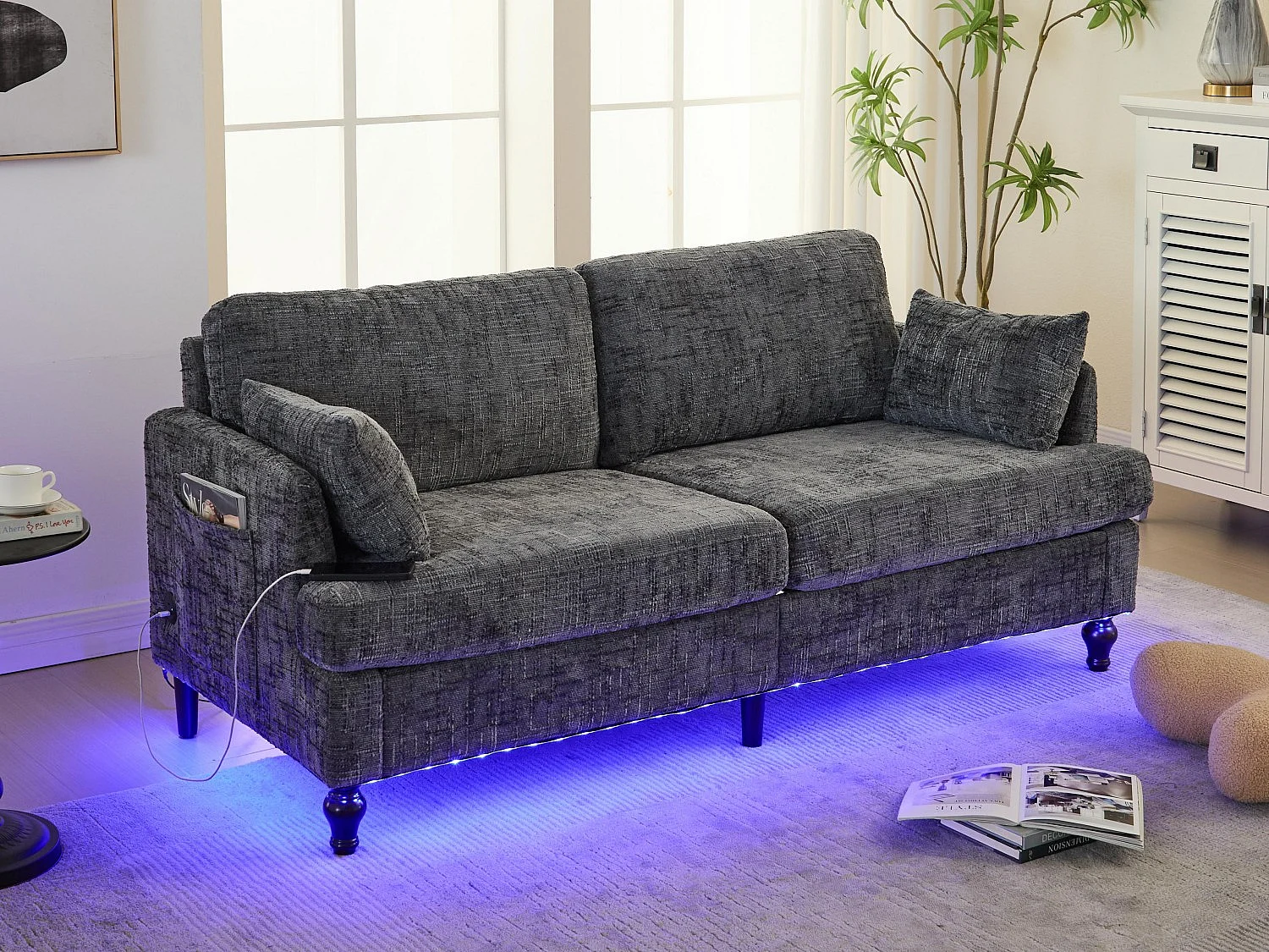 Canapé 2 places en chenille - avec LED, ports USB - double assise et dossier haut - Idéal pour salon ou petit bureau