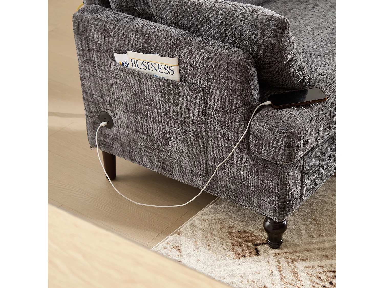 Canapé 2 places en chenille - avec LED, ports USB - double assise et dossier haut - Idéal pour salon ou petit bureau