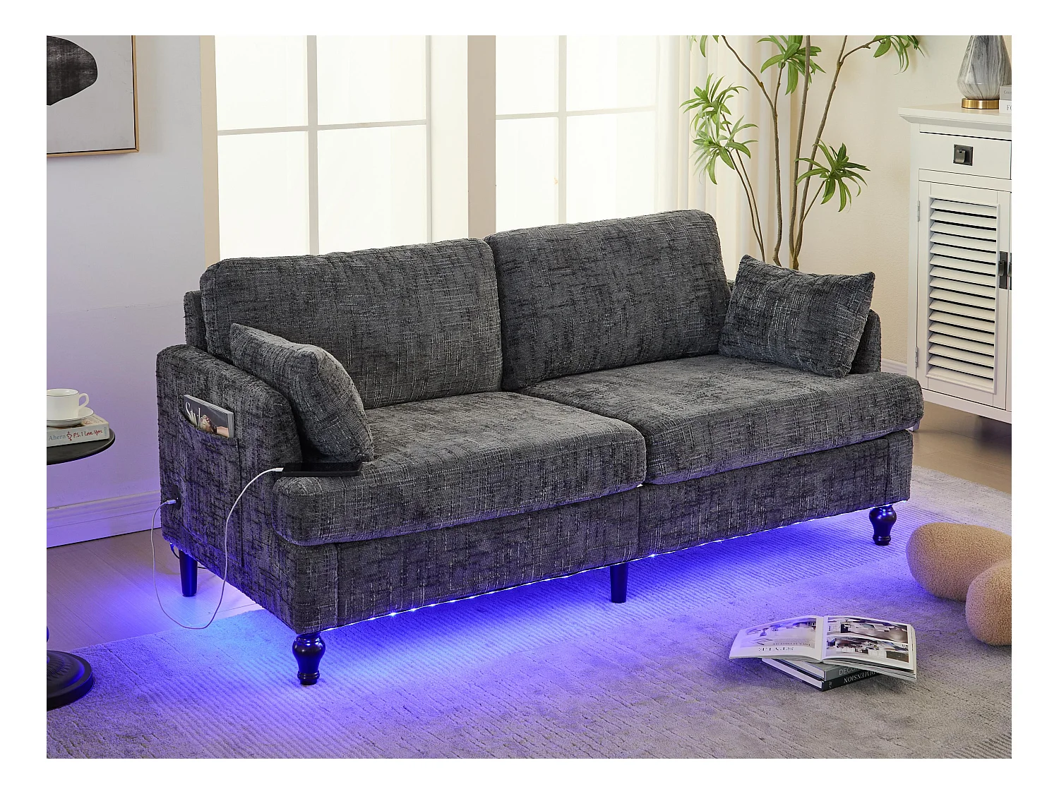 Canapé 2 places en chenille - avec LED, ports USB - double assise et dossier haut - Idéal pour salon ou petit bureau
