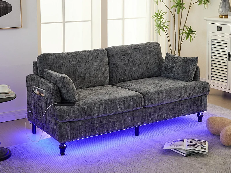 Canapé 2 places en chenille - avec LED, ports USB - double assise et dossier haut - Idéal pour salon ou petit bureau