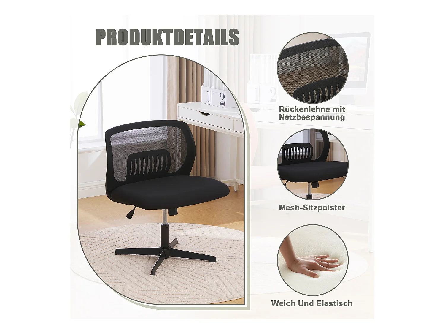 Fauteuil pivotant — réglable en hauteur — mesh noir respirant — dossier ergonomique