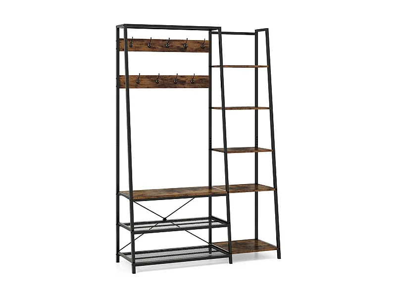 5 in 1 Garderobenständer mit Schuhbank & 9 Haken & 5 Seitenablagen & 2 Gitterregalen