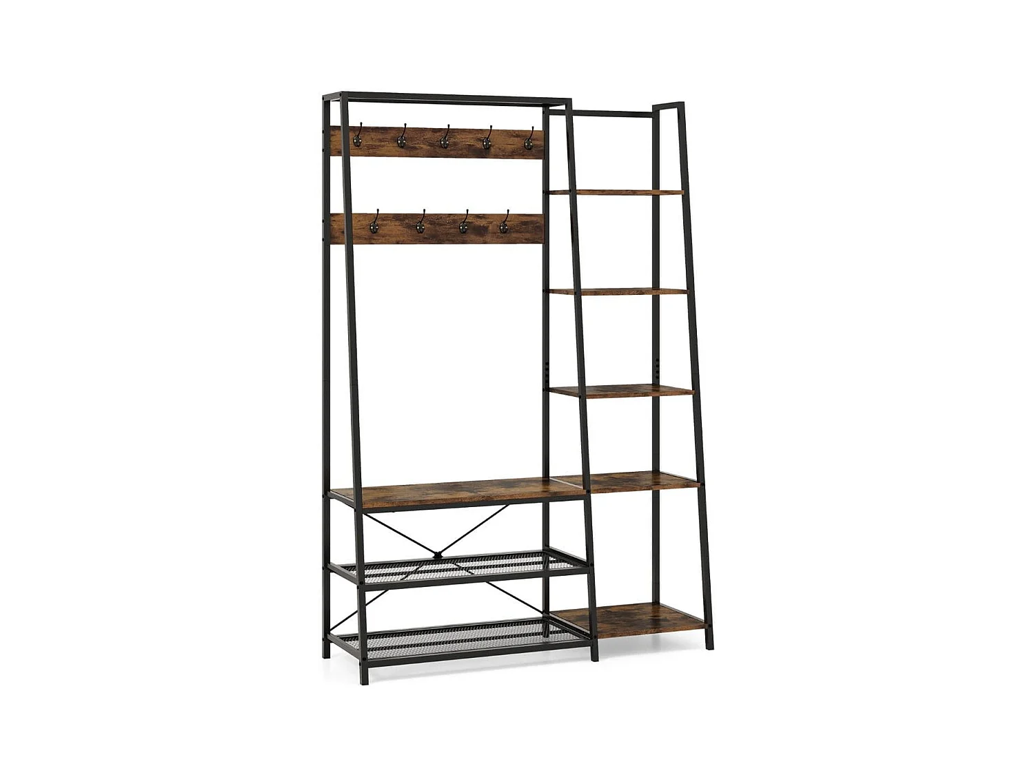 5 in 1 Garderobenständer mit Schuhbank & 9 Haken & 5 Seitenablagen & 2 Gitterregalen