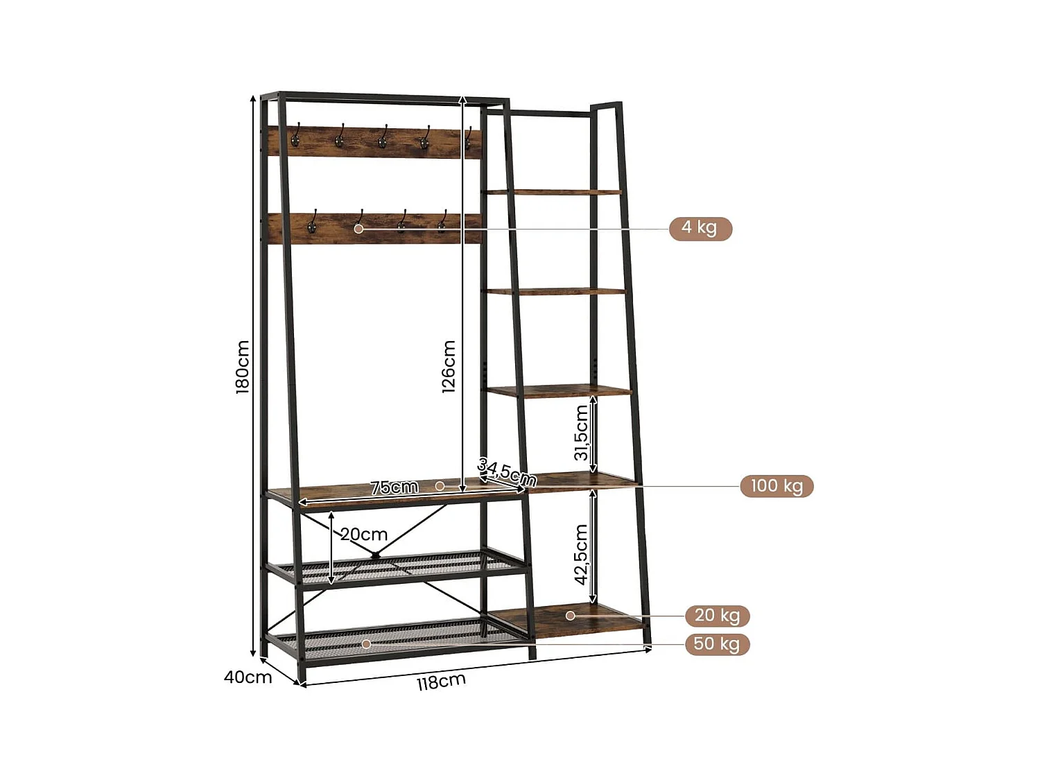 5 in 1 Garderobenständer mit Schuhbank & 9 Haken & 5 Seitenablagen & 2 Gitterregalen