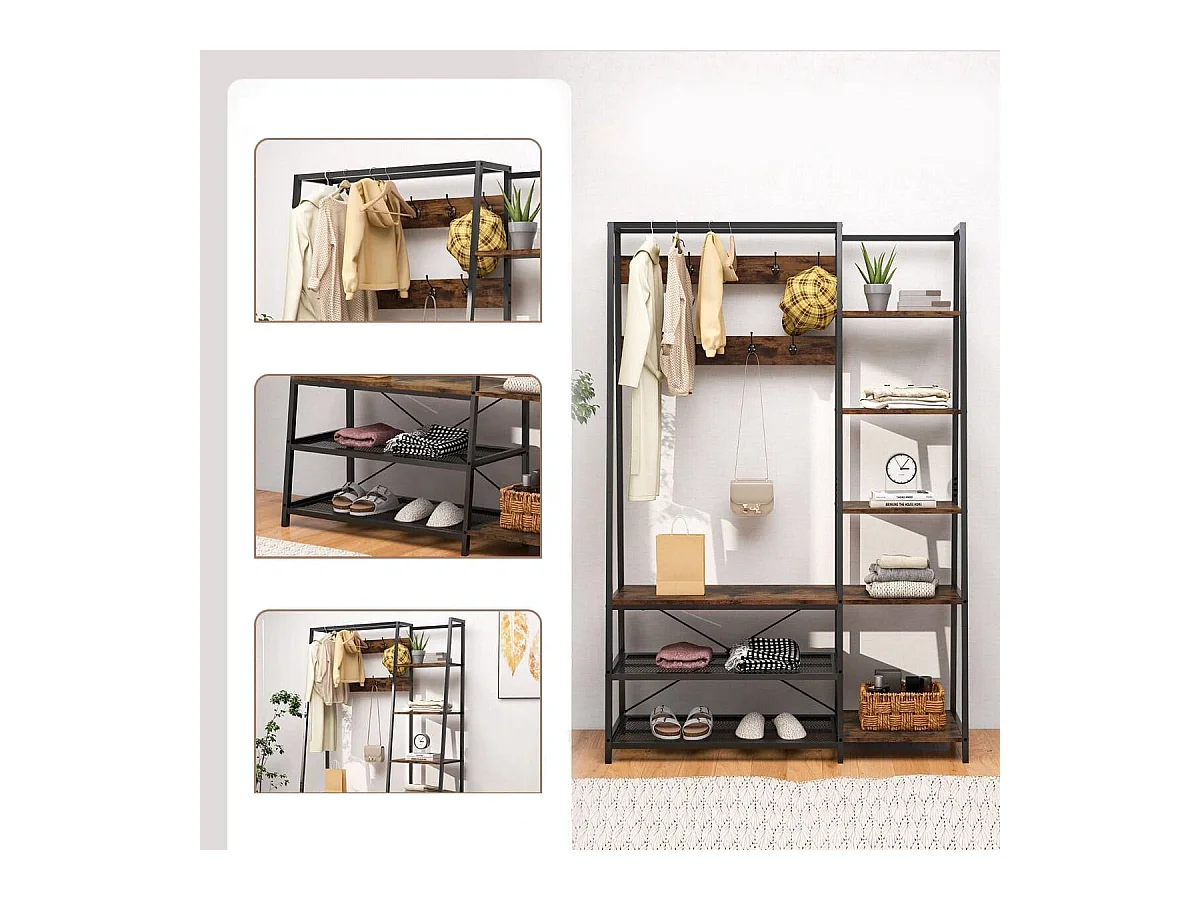5 in 1 Garderobenständer mit Schuhbank & 9 Haken & 5 Seitenablagen & 2 Gitterregalen