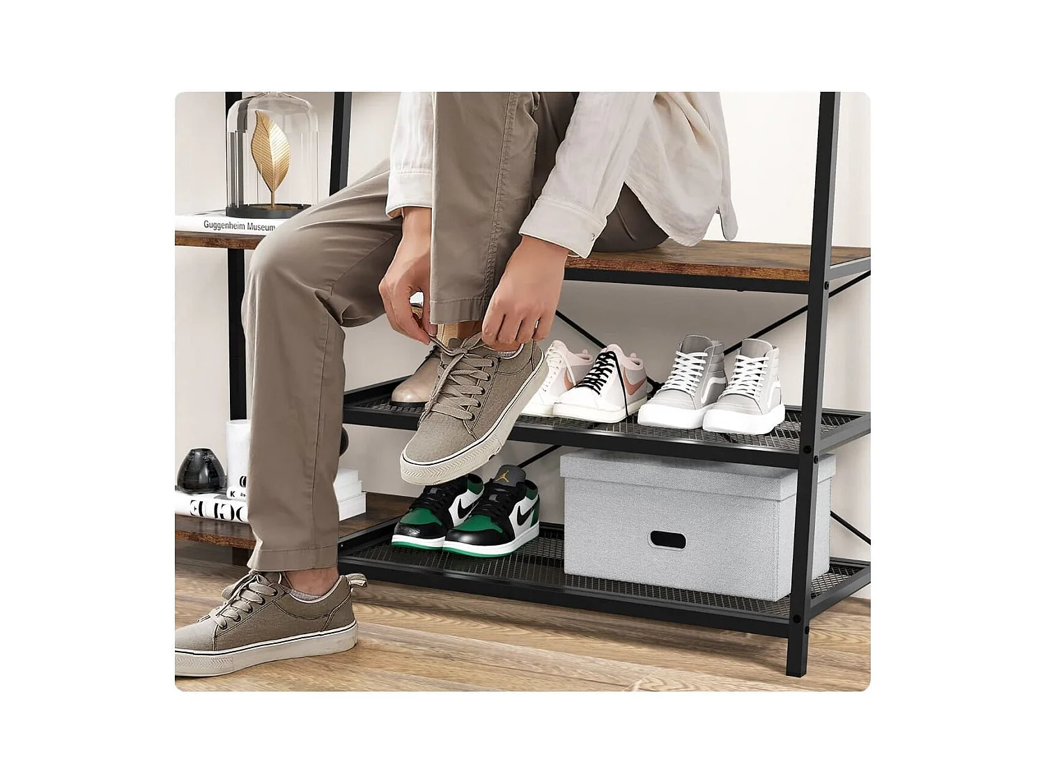 5 in 1 Garderobenständer mit Schuhbank & 9 Haken & 5 Seitenablagen & 2 Gitterregalen