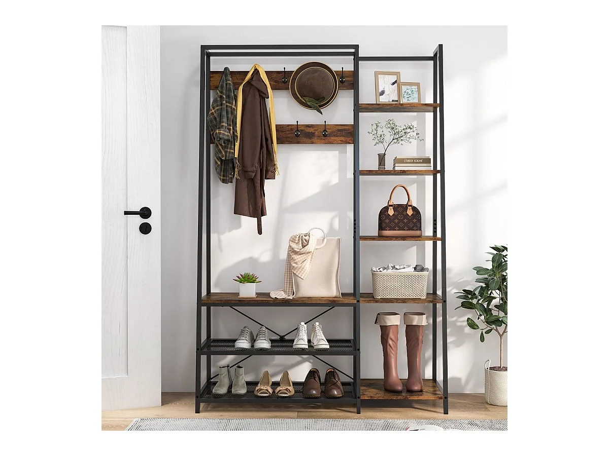 5 in 1 Garderobenständer mit Schuhbank & 9 Haken & 5 Seitenablagen & 2 Gitterregalen