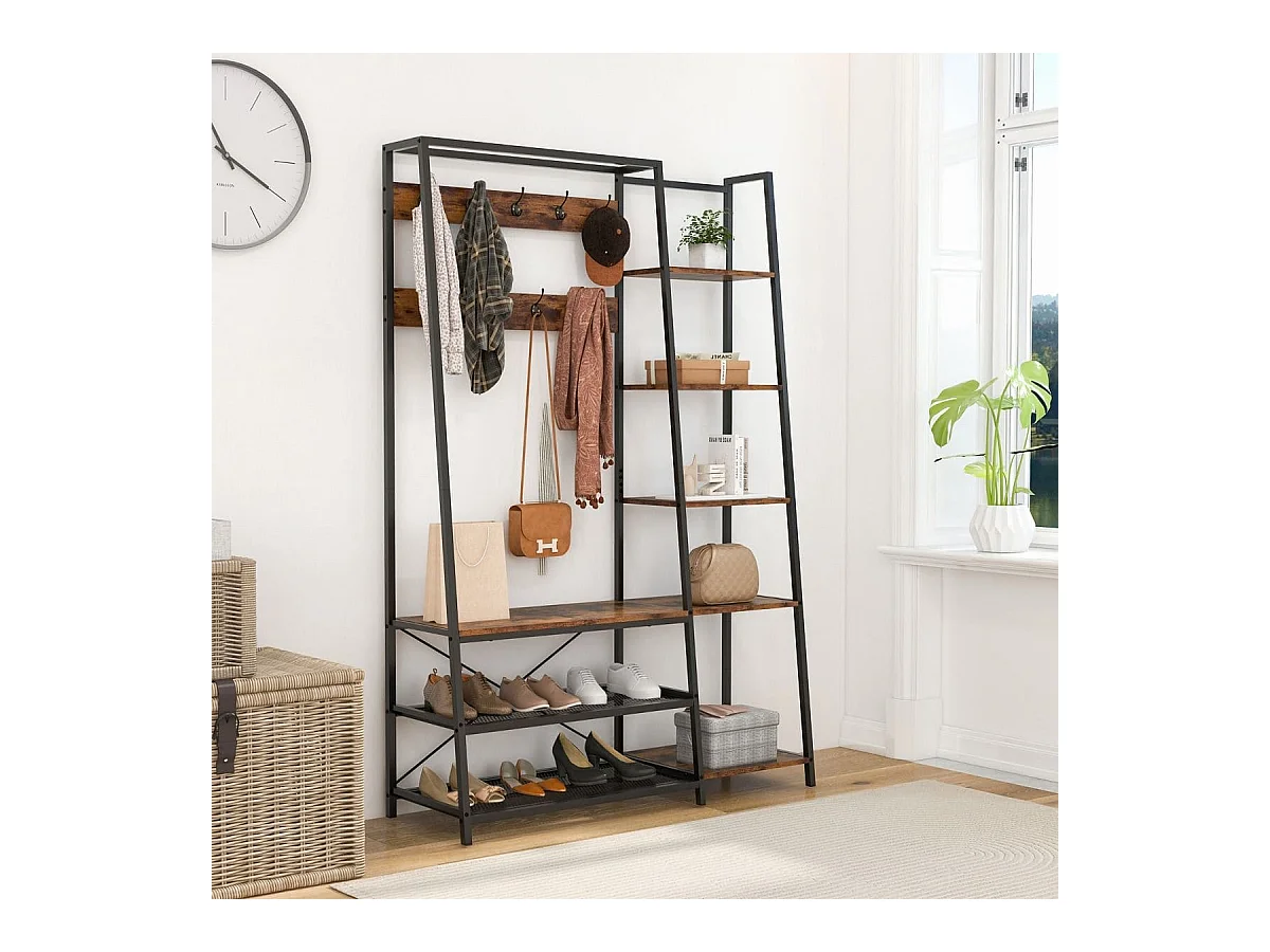 5 in 1 Garderobenständer mit Schuhbank & 9 Haken & 5 Seitenablagen & 2 Gitterregalen