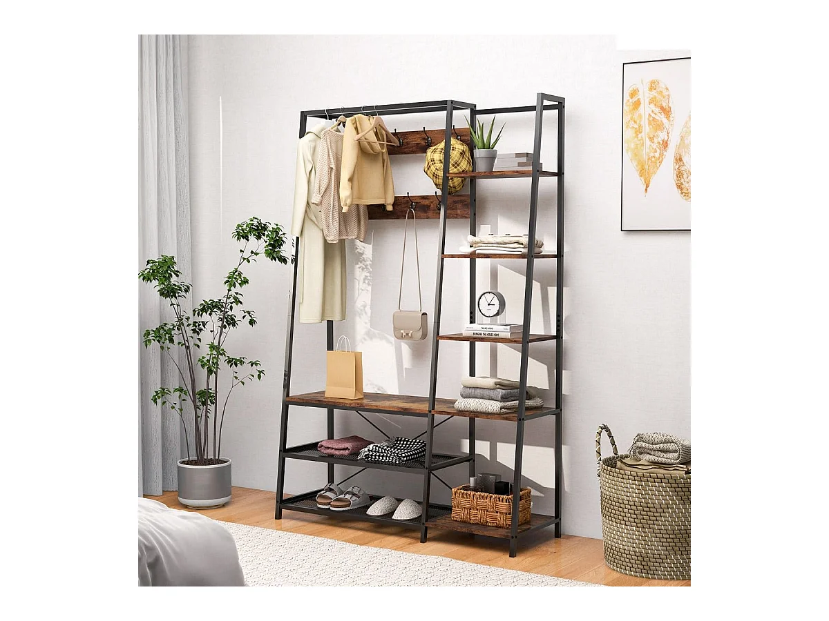 5 in 1 Garderobenständer mit Schuhbank & 9 Haken & 5 Seitenablagen & 2 Gitterregalen