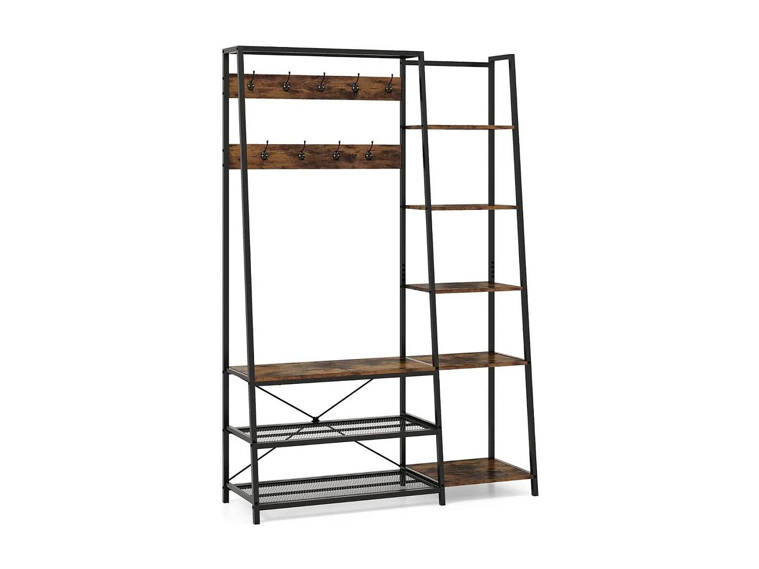 5 in 1 Garderobenständer mit Schuhbank & 9 Haken & 5 Seitenablagen & 2 Gitterregalen