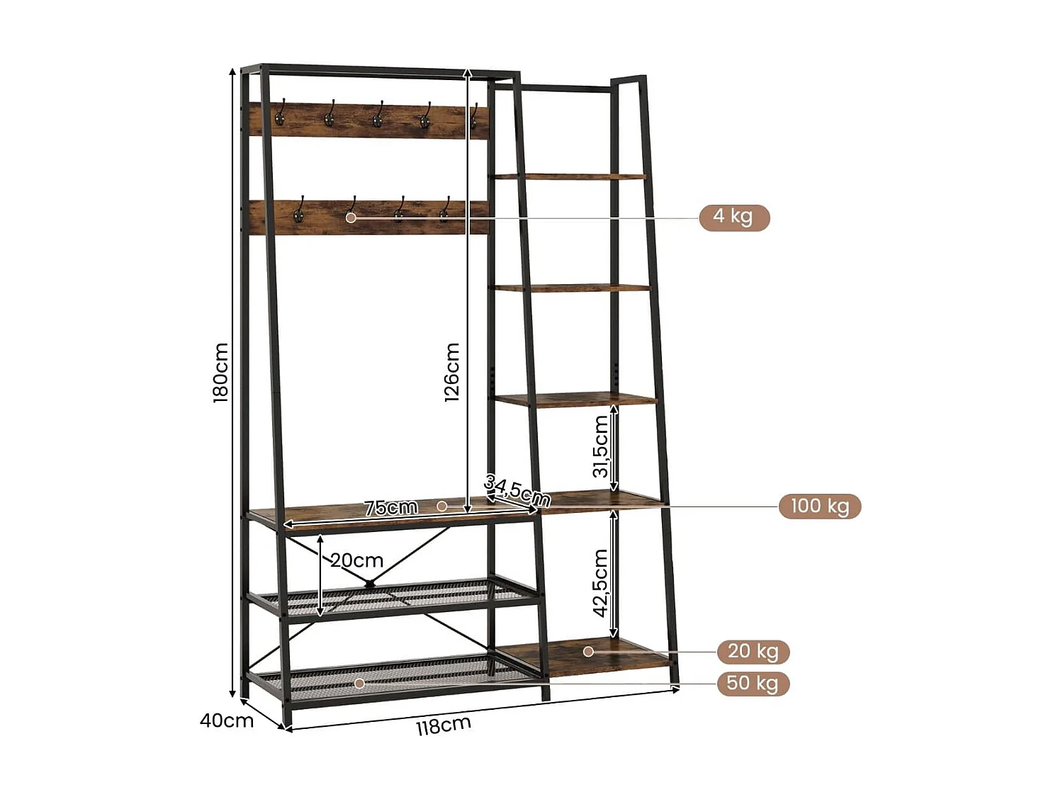 5 in 1 Garderobenständer mit Schuhbank & 9 Haken & 5 Seitenablagen & 2 Gitterregalen
