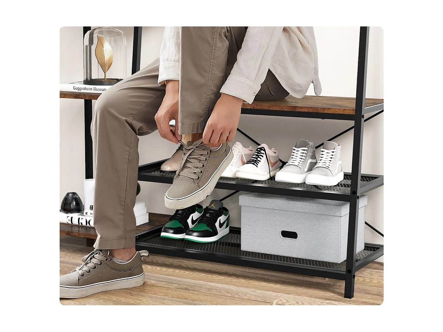 5 in 1 Garderobenständer mit Schuhbank & 9 Haken & 5 Seitenablagen & 2 Gitterregalen